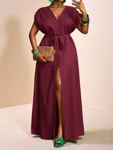 Veslaya Plus Size Summer Vacation Casual Solid Color Front Button Long Dress - Burgundy - View 4