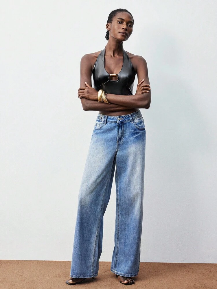 SHEIN Maija 2025PU Sexy Damen Trägertop ohne Ärmel mit Metalldekoration, Frühherbst