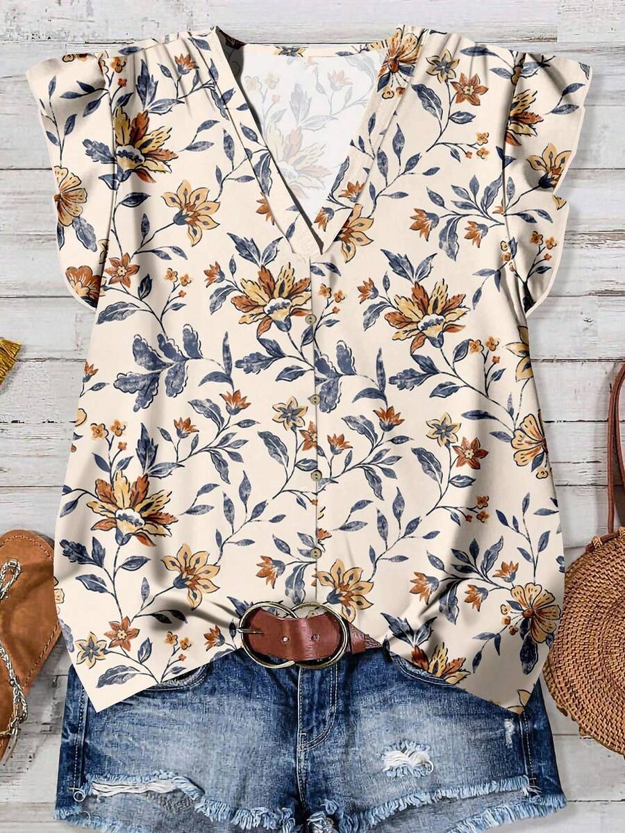 Rusticease 女士休闲简约衬衫，适合夏季穿着，时尚百搭，印花衬衫，夏季印花上衣，女士印花衬衫，V领印花衬衫，休闲百搭。 - 彩色 - 查看 1