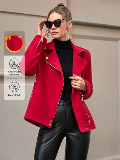 CLARA VERO Vibrant Red Wool Jacket, Premium Fashion Collection, Sophisticated Asymmetric Design, Modern Silver Hardware Details, Classic Biker Style Lapels, Luxury Woolen Material, Multiple Zipper Accents, Contemporary Street Fashion Statement, Professional Winter Outerwear