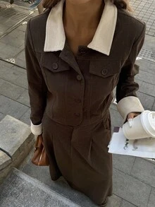 DAZY 女式秋季领口拼色上衣和长裙两件套 - 咖啡棕 - 查看 1