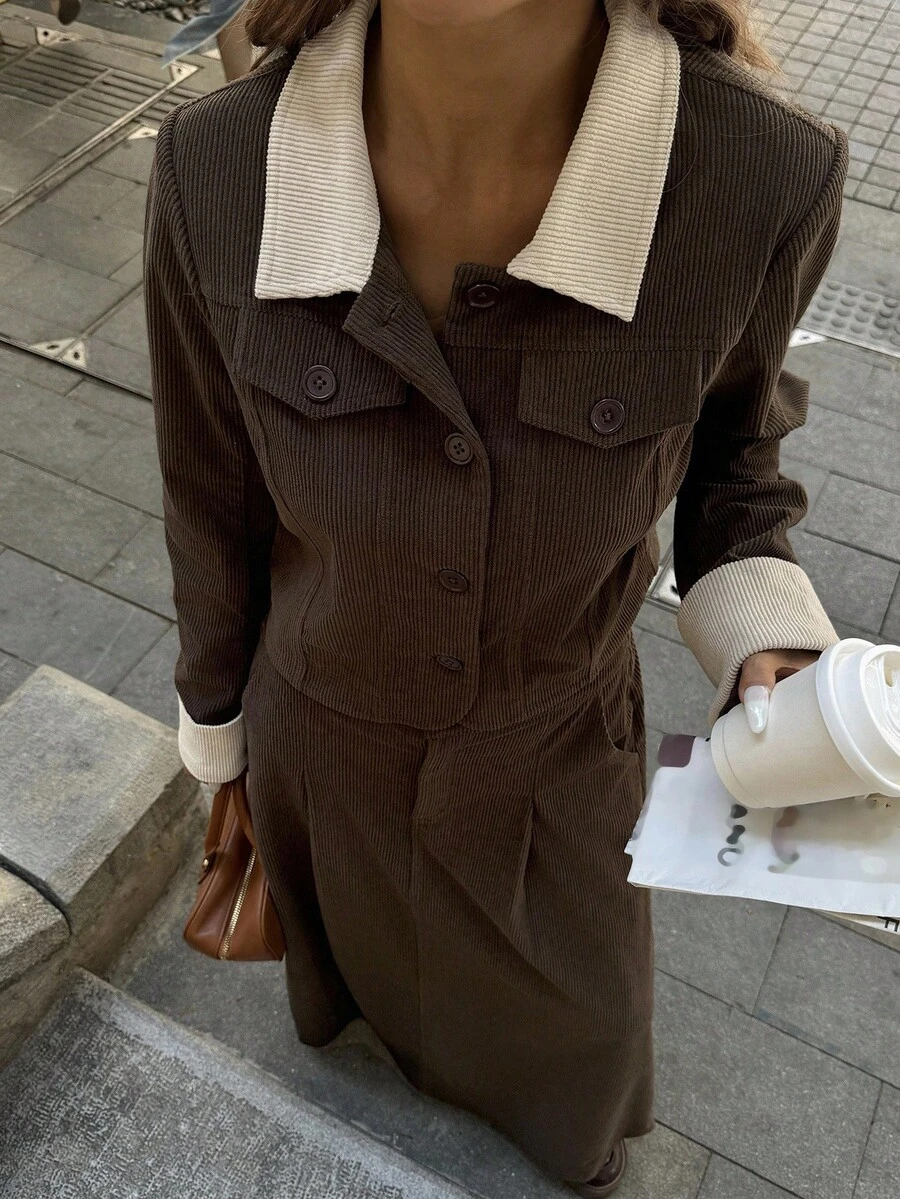 DAZY 女式秋季领口拼色上衣和长裙两件套 - 咖啡棕 - 查看 1
