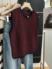 Franclia Lässiges, locker geschnittenes Damen Strickoberteil mit Rundhalsausschnitt, ärmellos, mit Kontrastbesatz, in Khaki, für Frühling/Herbst - Bordeaux - Übersicht 3