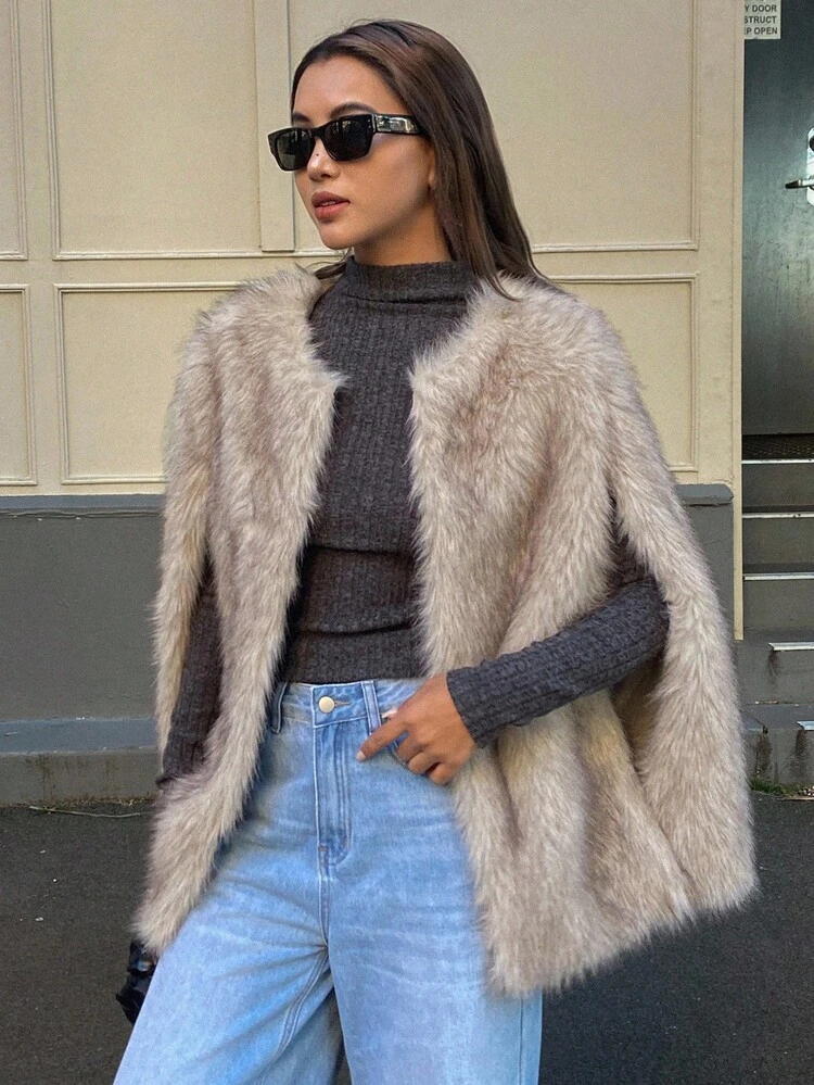 Women's Sleeveless Faux Fur Poncho Jacket, Autumn/Winter Women Coats