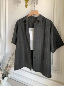 DAZY Women's Dark Grey Pinstriped Casual Blouse With Half Sleeves And Collar Neckline For A Chic Everyday Look - Dark Grey - View 4