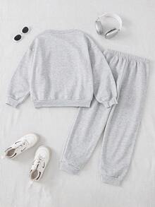 SHEIN 青少年女孩舒适休闲简约口号印花超大圆领长袖连帽衫和紧身运动裤套装，麻灰色 - 彩色 - 查看 5