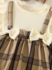 SHEIN Pelele de manga larga a rayas y a cuadros en beige para recién nacidos, con diadema y calcetines a juego. Nuevo estilo de tela cómoda y elegante para otoño e invierno, adorable. - Beis - Ver 5