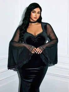 Viva Relle Valentine Plus Size Women Sweetheart Neck Velvet & Mesh Patchwork Bodycon Dress - Black - View 4