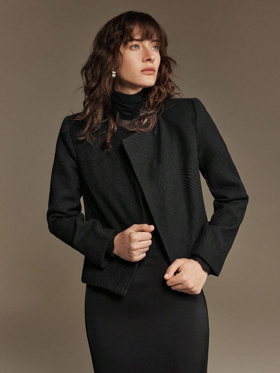Ontre 2025 New Modern Urban Style Oblique Placket Jacket, Thick Tweed Fabric For Winter, Small Round Collar, Long Sleeve, Loose Shoulder Silhouette, Side Seam Pockets, Women's Business Casual Blazer, Suitable For Business, Commute, And Daily Wear, Autumn