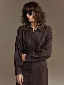 Ontre 2026SS Women's Elegant Minimalist Design Party Waist Pleated Long Sleeve Dark Coffee Chic Urban Casual Versatile Valentine's Day Dress, Loose Fit, Lapel Collar, Waist Cinched, Pleated, Casual Commuter Korean Style, Bat Wing Long Sleeve Single-Breasted Shirt Dress - Coffee - View 6