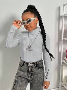 SHEIN SLAYR Tween Girl Tween Girls Brand Promotion - High Neck Ribbed Long Sleeve Knit Top With Buttons 3 Pice Fall Winter - Light Grey - View 6