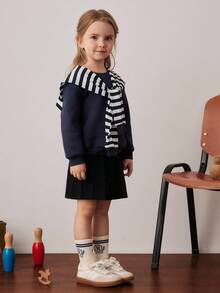 PrepCrw Young Girls' Collegiate Style Round Neck Sweatshirt/Shawl Set Fall Winter - Blue and White - View 5