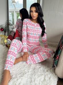 ZzzCrew 粉色爱心雪花印花长袖上衣和裤子休闲女式睡衣套装，秋冬服装，圣诞节礼物 - 粉色 - 查看 4