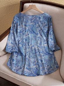 Rusticease Plus Size Round Neck Front Button Allover Print Top With 3/4 Sleeves, Casual Vacation Style - Multicolor - View 2