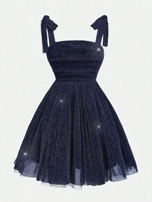 SHEIN Girlism 青少年女孩派对装，蝴蝶结网眼吊带褶皱无袖吊带荷叶边优雅连衣裙，适合圣诞节、秋冬连衣裙、万圣节、圣诞节、派对，皇家蓝色纯色连衣裙，太阳下摆连衣裙 - 寶藍色 - 查看 3