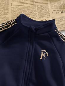 2 件套男婴/女婴休闲运动服，宽松字母图案印花装饰拉链夹克和裤子套装，适合外出、上学、聚会、秋冬返校服装，加厚羊毛 - 彩色 - 查看 4