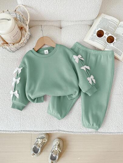 Babygirl Cute Green Bow Long Sleeve Sweatshirt & Elastic Waist Pants Set, Autumn/Winter Fall