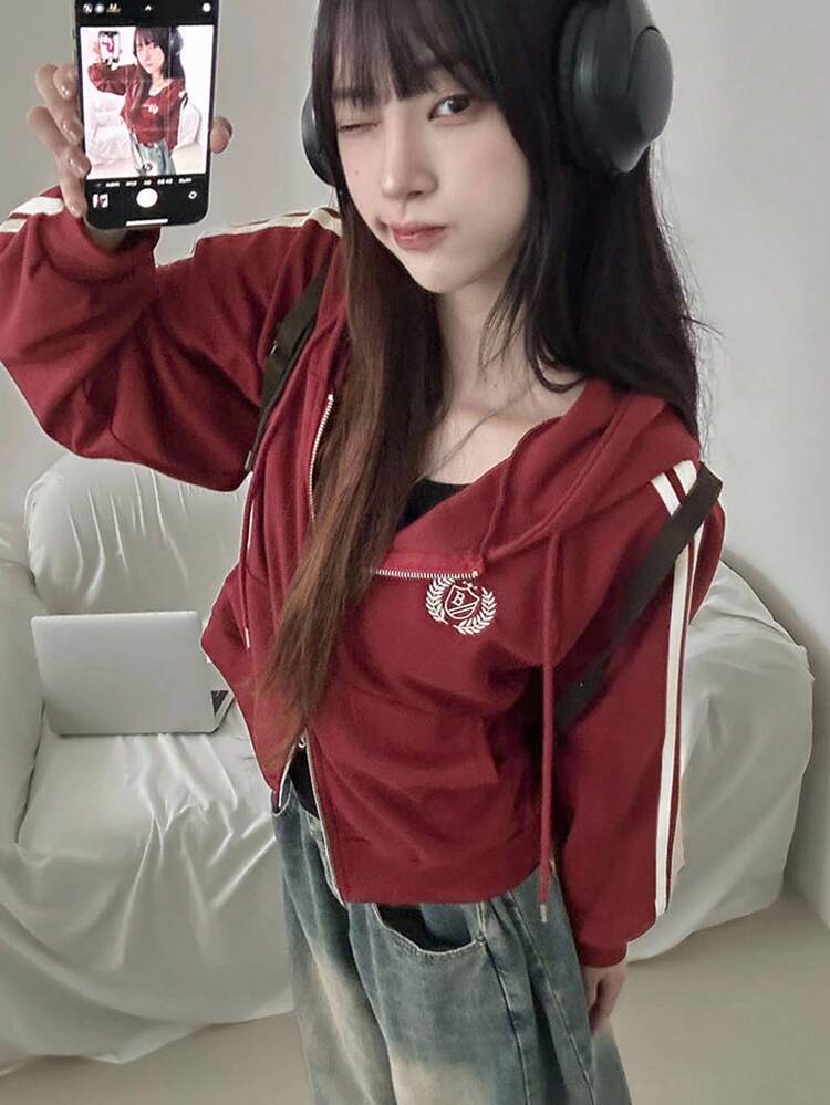 Loose Fit Casual Printed Hoodie Sweatshirt For Women, College Style Zip Up Jacket