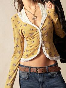 Bohemela 女式休闲针织印花长袖上衣 - 黃色 - 查看 7