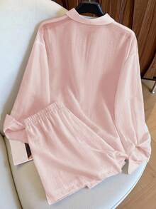 INAWLY Plus Size Embroidered Logo Shorts & Solid Color Long Sleeve Shirt 2 Pieces Set