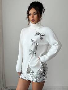 Elenzga Damen eleganter Pullover, Langarm, Schleifendekor, weich und bequem, geeignet für den Alltag, Herbst/Winter - Weiss - Übersicht 8