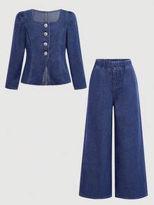 SHEIN Tween Girl Fall Winter France Casual Street Fashion Plain V-Neck Long Puff Sleeve TopDenim Jacket And Baggy Straight-Leg Pants Denim Two Pieces Set,Casual Collegiate Style Comfortable Fashion Minimalist Practical Versatile Soft Fabric,Girls Fall Winter Clothes Back To School Homecoming Outfits,Autumn Clothes,Streetwear Outfits - Medium Wash - View 5