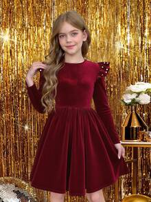 Pitira Tween Girls Elegant Velvet Beaded Ruffle Sleeve Cinched Waist Flare Dress, Wine Red, Suitable For Christmas Party, Autumn/Winter, Christmas Dress Girl Velvet Dress Burgundy Young Girls Formal Dress Tween Christmas Dress
