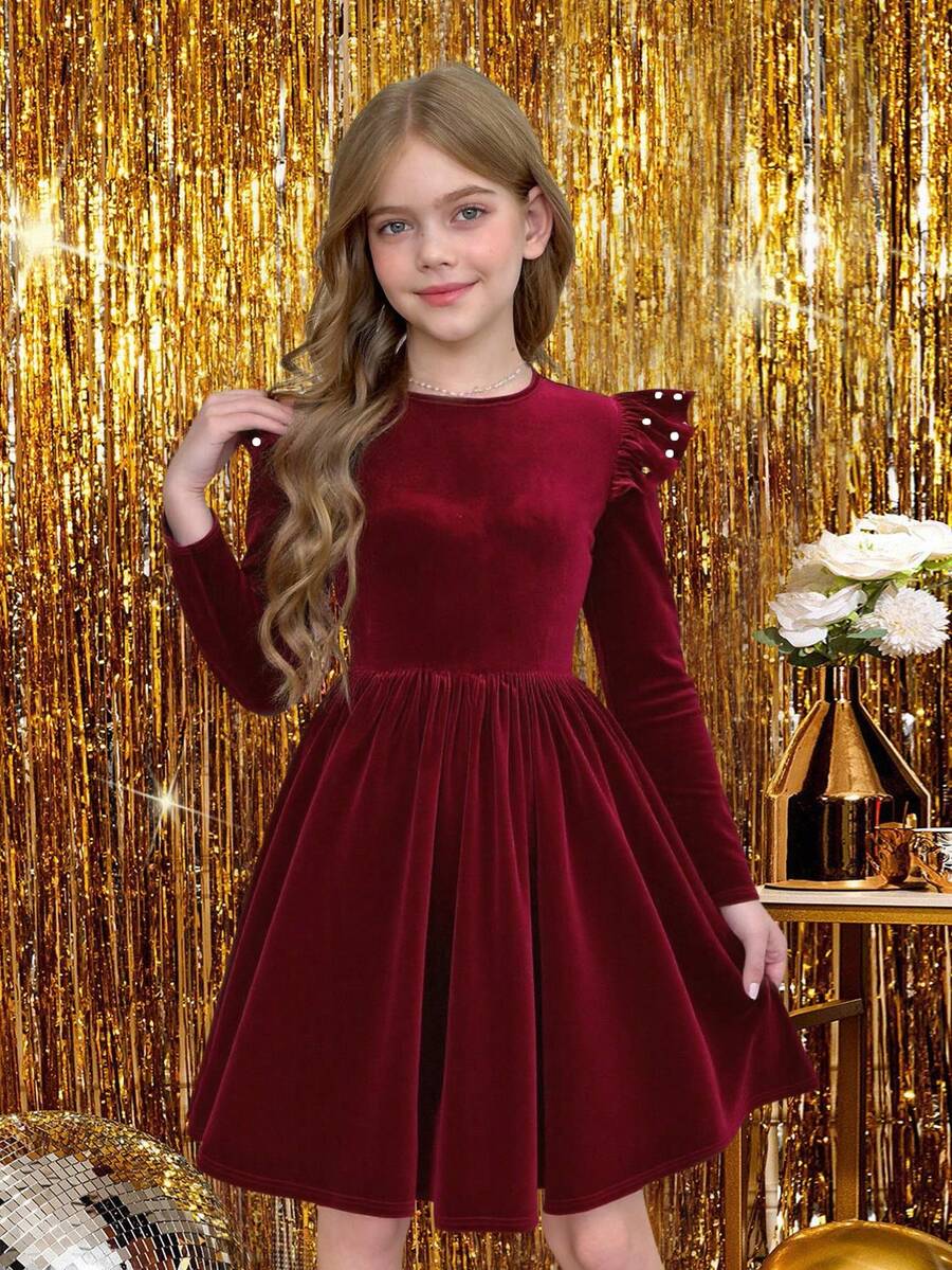 Pitira Tween Girls Elegant Velvet Beaded Ruffle Sleeve Cinched Waist Flare Dress, Wine Red, Suitable For Christmas Party, Autumn/Winter, Christmas Dress Girl Velvet Dress Burgundy Young Girls Formal Dress Tween Christmas Dress