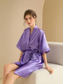 SHEIN 1 件女士纯色优雅系带短款缎面丝绸睡袍柔软睡衣新娘伴娘返校节秋冬睡衣家居服浴袍节日礼物情人节 - 紫色 - 查看 7