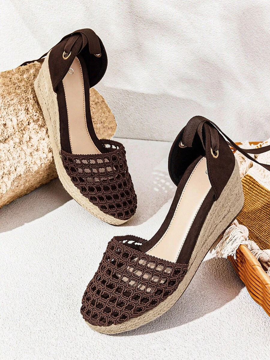 Styleloop 女士坡跟凉鞋,镂空编织鞋面,绳编鞋跟,度假必备单品,波西米亚风情,音乐节,派对装扮,美式复古风 - 棕色 - 查看 1