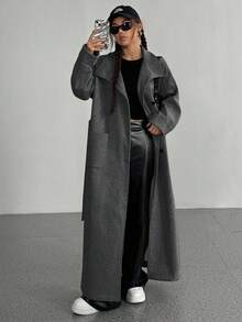 SHEIN Unity Women's Simple Long Sleeve Pocket Solid Color Button Front Jacket, Autumn/Winter - Dark Grey - View 6