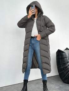 EURMUSE 女士时尚绗缝拉链连帽棉服外套（冬季） - 灰色 - 查看 3