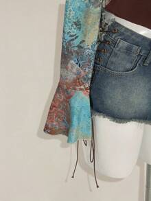 SHEIN ICON Áo cánh rộng tay dài xếp nếp in họa tiết cổ điển dành cho nữ - Nhiều màu - Xem 8