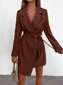 EURMUSE Robe longue à manches longues et à taille nouée de couleur unie, minimaliste. Convient pour le travail et les déplacements - Marron fonçé - Voir 3