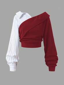 SHEIN 2 pezzi/set Outfit elegante e alla moda per ragazze adolescenti, completo con blusa a righe di colore solido + pantaloni larghi e morbidi, adatto per l'autunno e l'inverno - Bordò - Visualizzare 3