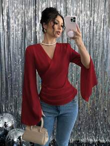 Chiquease Women's V-Neck Long Sleeve Casual Ruched Waist Blouse - Burgundy - View 6