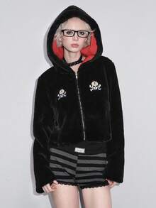 ROMWE Goth 哥特式深色骷髅人造毛皮柔软百搭女士万圣节人造毛皮夹克 - 黑色 - 查看 6