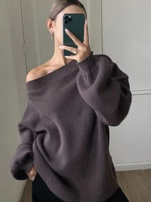 女士宽松商务休闲斜领棕色套头针织毛衣，适合秋冬季 - 棕色 - 查看 2