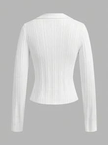 Modelyn Women's Button Decor Fitted Split Hem Long Sleeve Sweater, Autumn/Winter - White - View 2