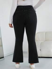 SHEIN CURVE+ Women Plus Black Autumn And Winter High Elastic Thermal Lined Asymmetrical Waist Flared Jeans,Smart Casual Everyday Chic Halloween Costumes Style - Black - View 2
