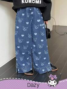 HELLO KITTY AND FRIENDS | SHEIN DAZY 少女休闲时尚可爱卡通图案阔腿牛仔裤