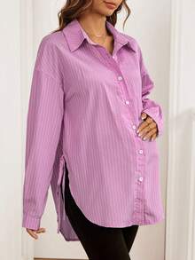 SHEIN Maternity Casual Commuter Striped Side Slit Tie-Up Shirt Button Up Women Shirt Women Shirts And Blouses Long Sleeve Blouses Tie Up Shirt Office Blouses - Pink - View 8