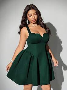 Viva Relle Plus Size Women's Elegant Simplistic Solid Color Shell Trim Heart Bust Cinched Waist Spaghetti Strap Dress, Summer - Dark Green - View 3