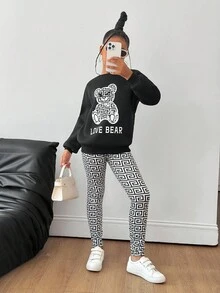 SHEIN 2pcs/Set Tween Girls Bear Print Crew Neck Sweatshirt And Geometric Pattern Pants Outfit Fall Winter