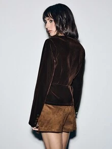 Lumivelle Chaqueta corta de mujer elegante y sexy con cuello en V, decoración de metal y cintura entallada, adecuada para ir al trabajo, otoño/invierno - Café integral - Ver 2