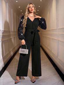 Gownix 女士优雅派对亮片拼布连体裤 - 黑色 - 查看 3