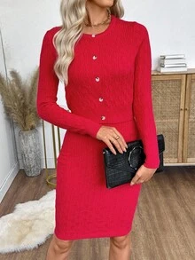 Bộ 2 món váy yếm trơn màu thanh lịch và áo khoác cardigan dành cho nữ - Đỏ - Xem 7