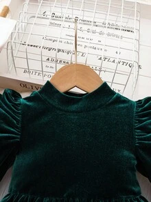 Elegant & Cute Velvet Green Long Sleeve Dress For Baby Girl