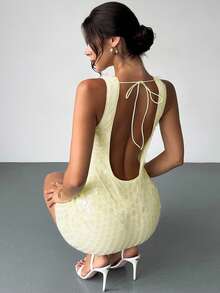 Firerie 女式性感露背无袖紧身迷你连衣裙，奶油黄色亮片刺绣，适合度假、音乐节、派对、返校季 - 黃色 - 查看 7