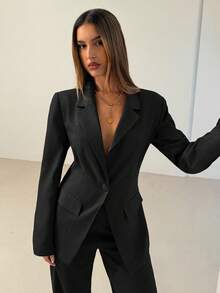 Aloruh Bộ quần áo blazer và quần tây trơn màu dành cho nữ, thời trang đi làm khi đi làm mùa thu đông dành cho nữ - màu đen - Xem 8